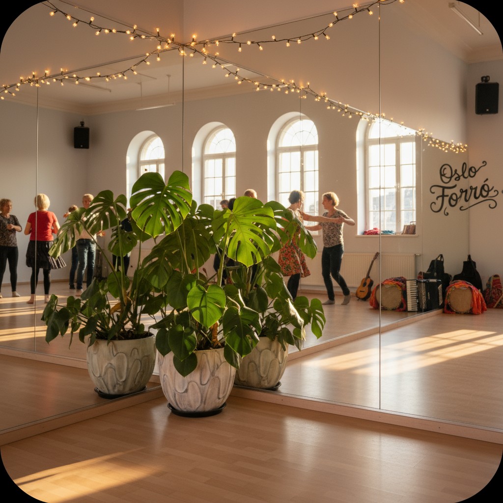 An empty dance studio with a plant in the center, people practicing dance in the background, and musical instruments and e...