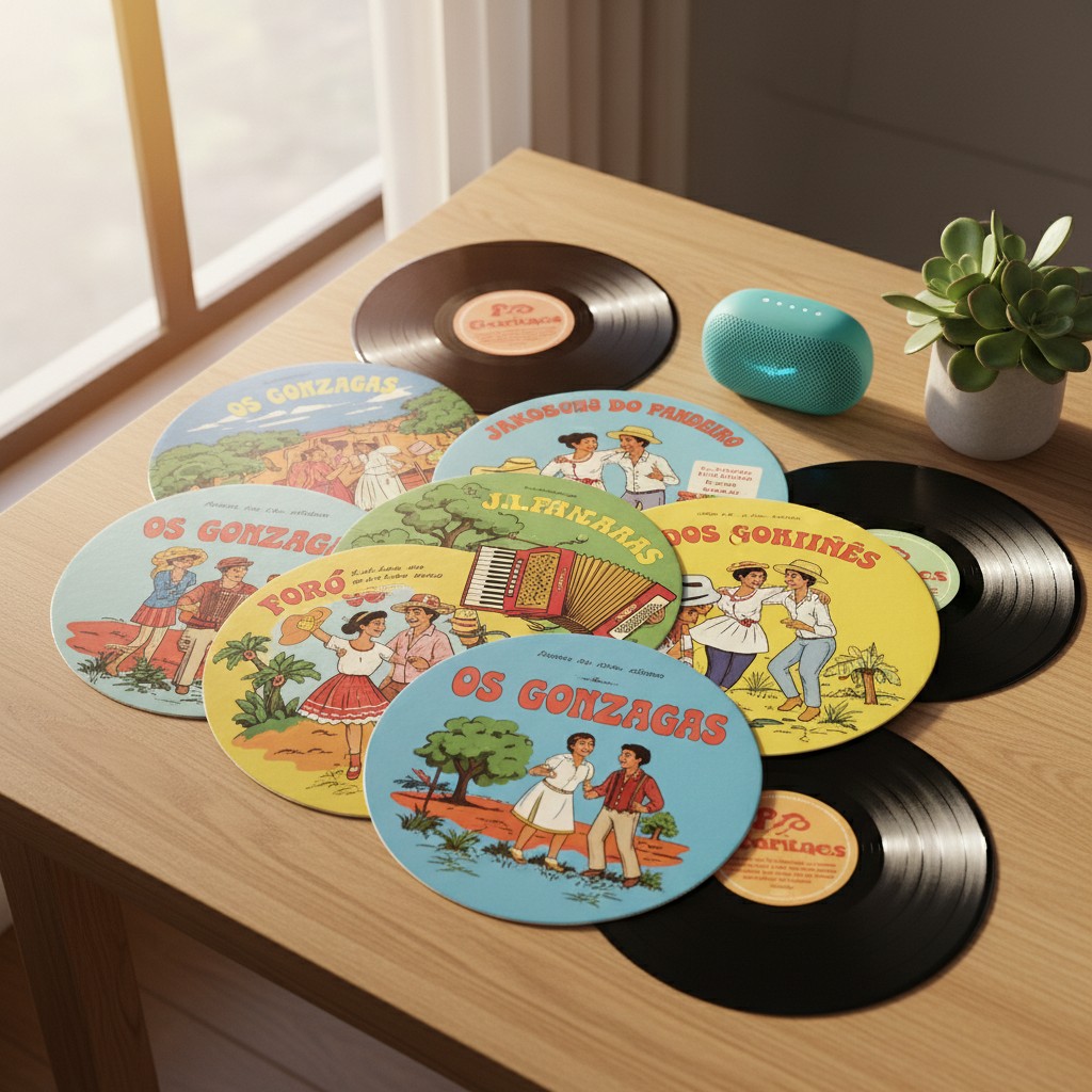 The alt text for the image is: A collection of Brazilian vinyl records scattered on a wooden table, with a plant and a spe...